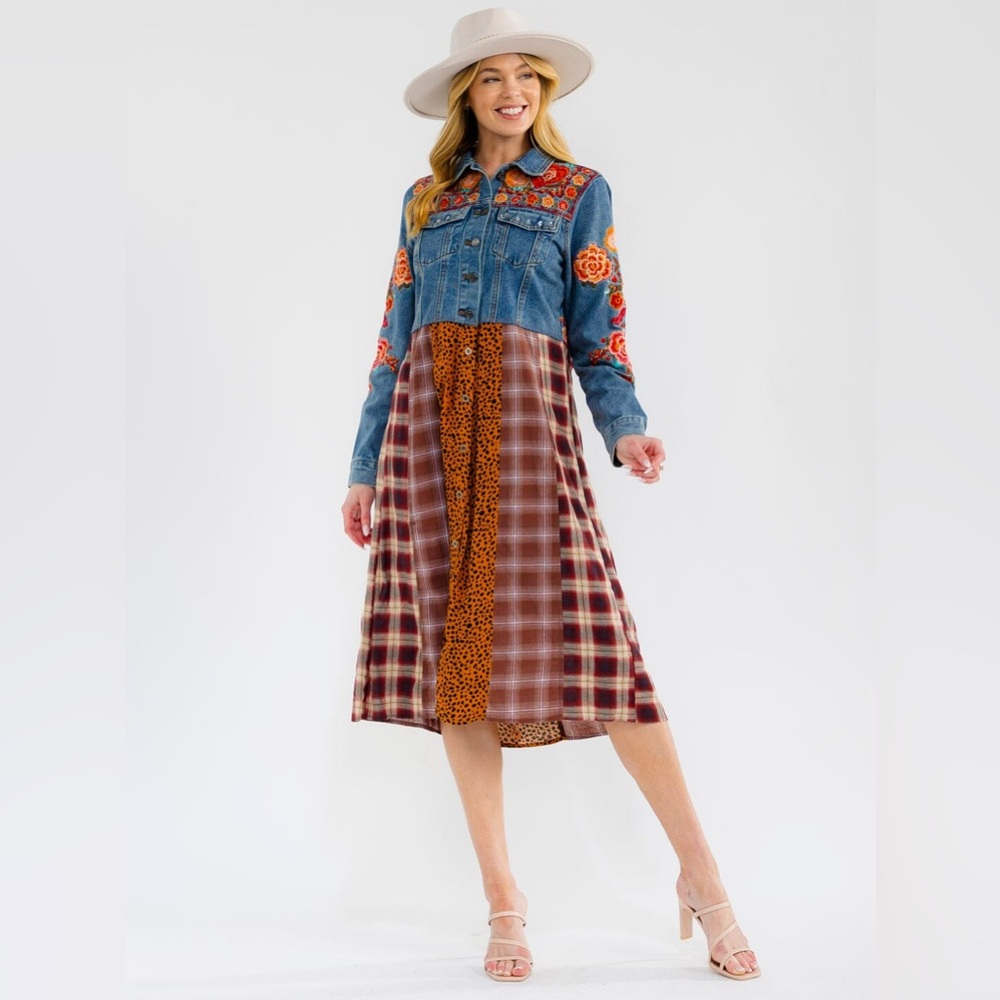 Denim Embroidered Midi Dress - Blue and Brown - Picture 2 of 3